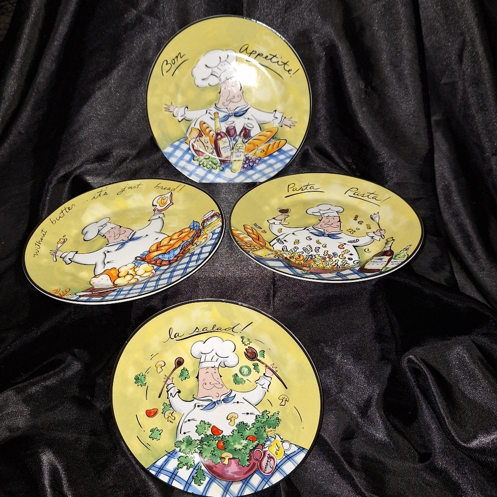 Set of 4 Mudpie Salad Plates~Fat Chef~Dessert~Appatizer~Bread~Handcrafted